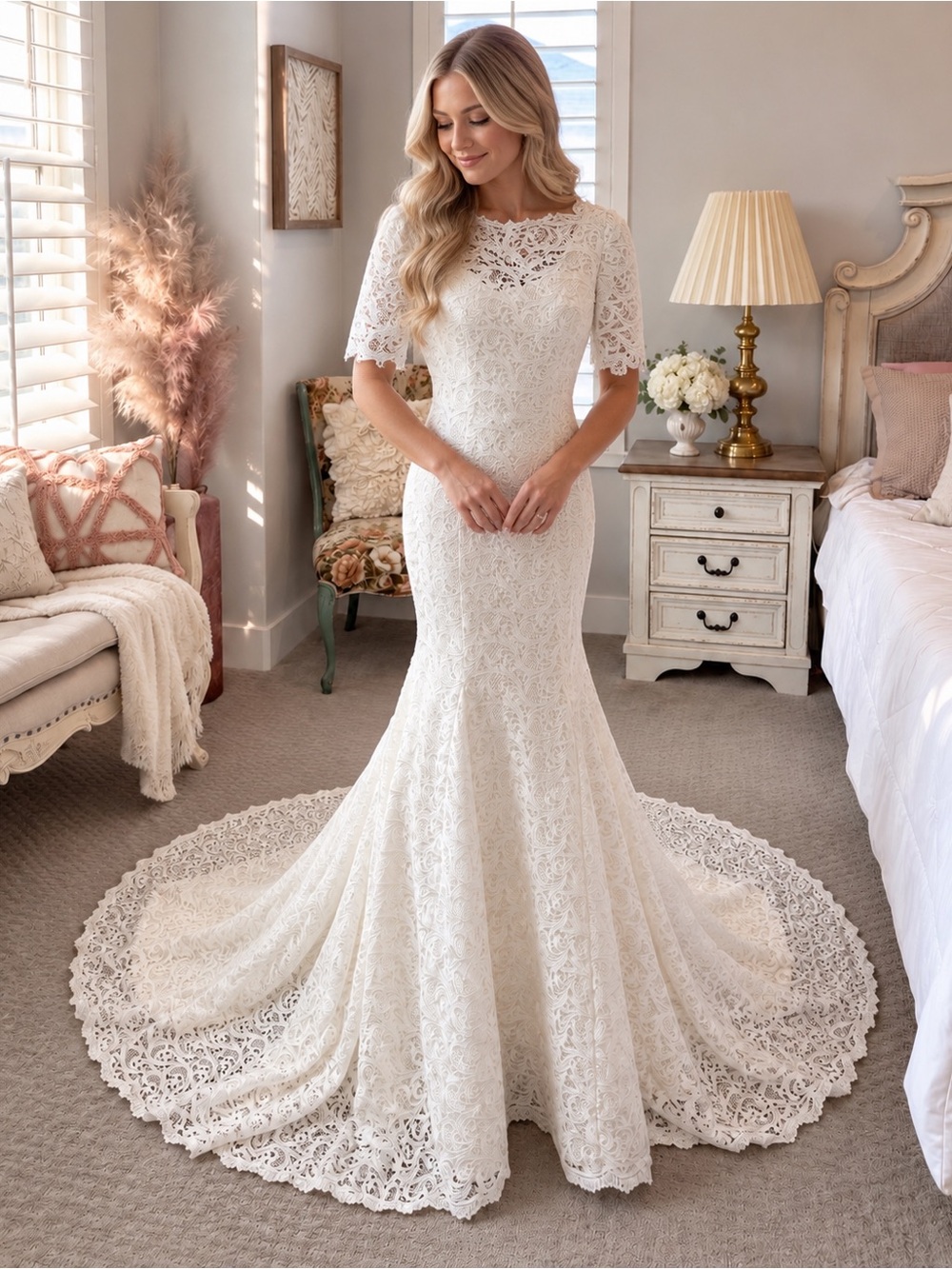 Lace Mermaid Wedding Dress Size 4 Modest Half Sleeve Bridal Gown